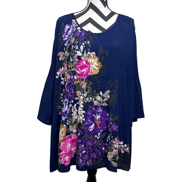 Catherines Floral Sz 2X Bloomcore Pleated Organza Navy Blue Blouse - Picture 3 of 10